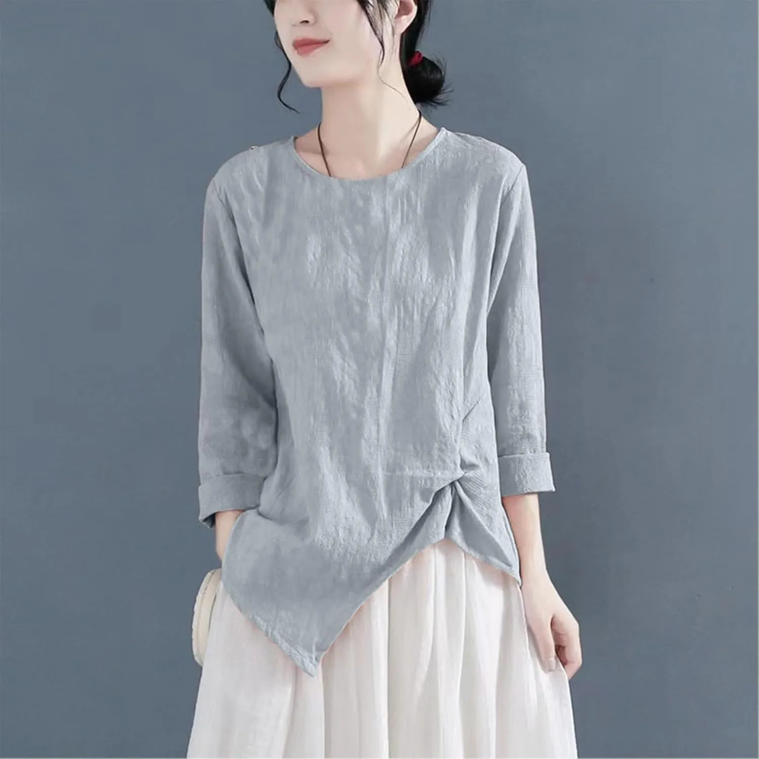 Vintage Linen Shirt for Women 3/4 Sleeve Twist Knot Front T Shirts Asymmetrical Hem Tunic Top Dressy Casual Blouse