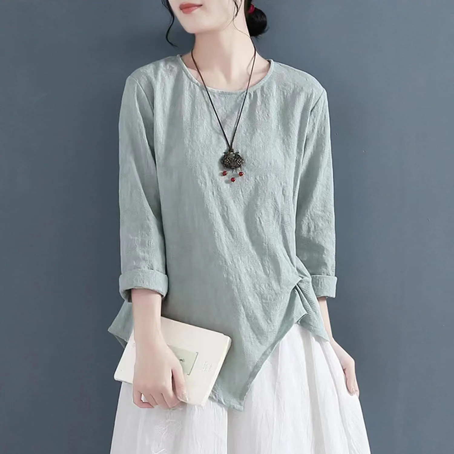 Vintage Linen Shirt for Women 3/4 Sleeve Twist Knot Front T Shirts Asymmetrical Hem Tunic Top Dressy Casual Blouse