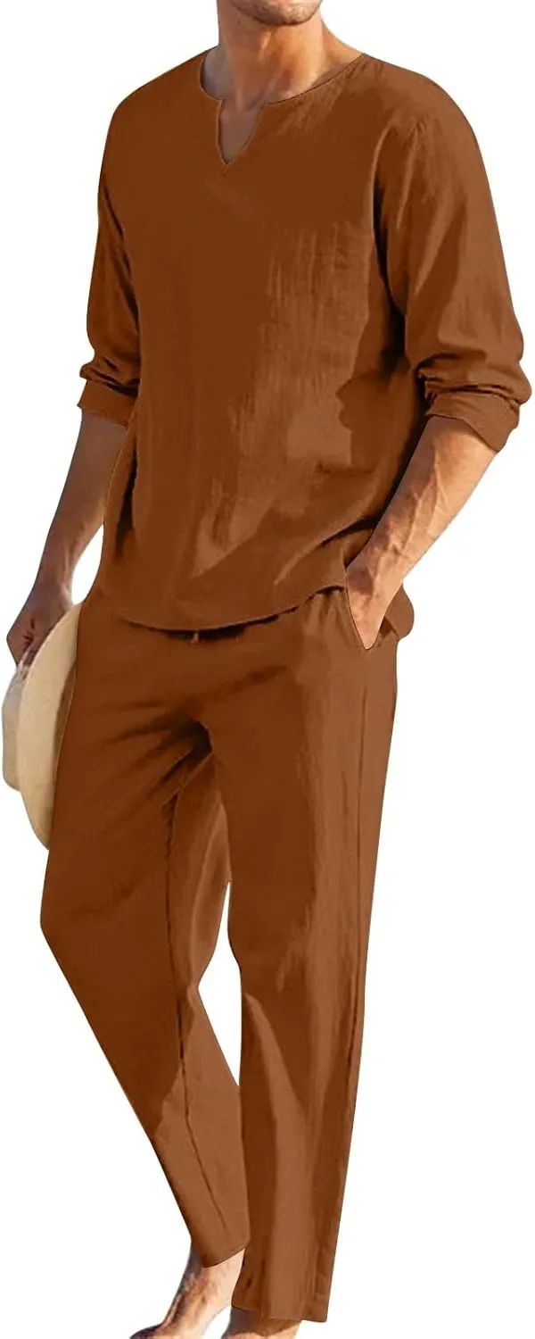 WENKOMG1 Mens Cotton Linen Track Suits Lightweight Breathable Long Sleeve Beach Shirt and Lounge Pants