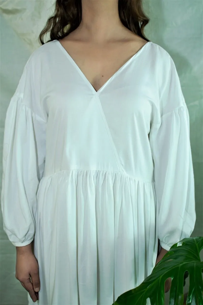 White flowy gathered summer dress