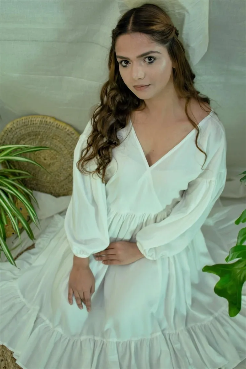 White flowy gathered summer dress