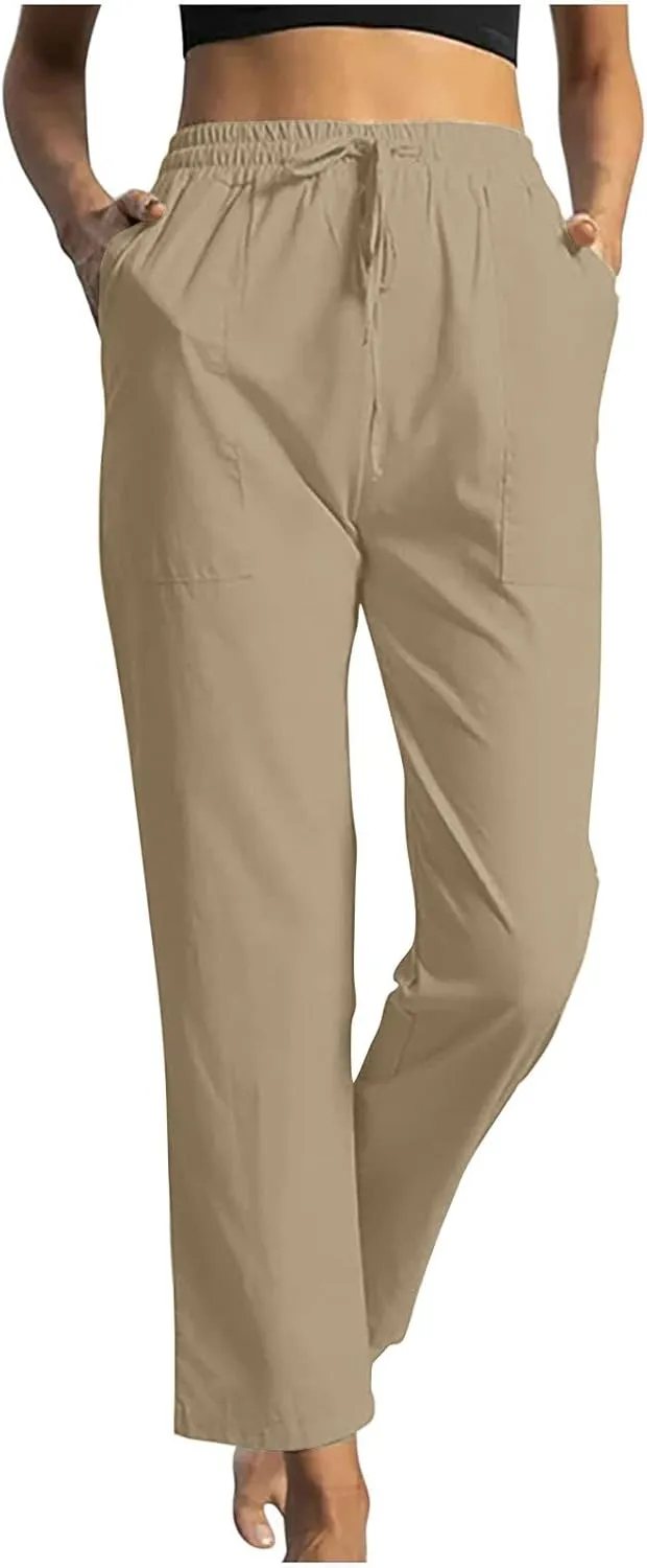 Women High Waisted Straight Leg Pants, Ladies Cotton Linen Lounge Pant with Pockets Comfy Soft Trousers Resort Wear
