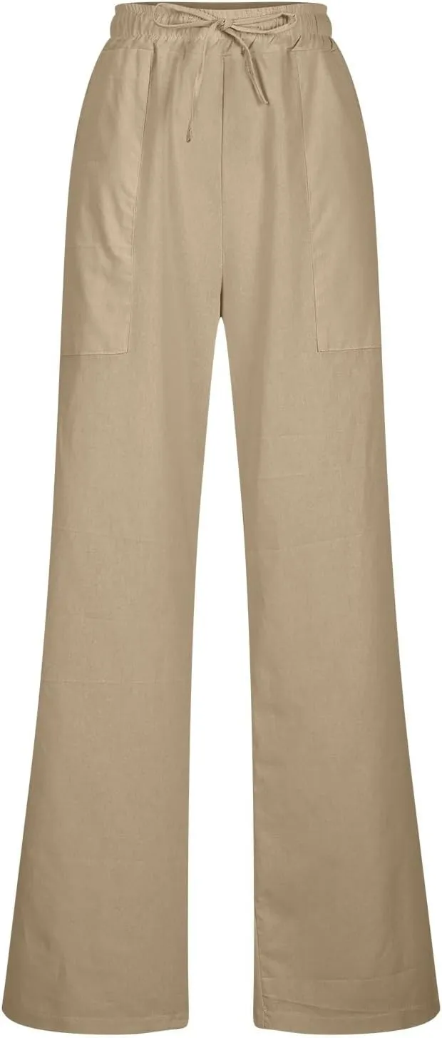 Women High Waisted Straight Leg Pants, Ladies Cotton Linen Lounge Pant with Pockets Comfy Soft Trousers Resort Wear