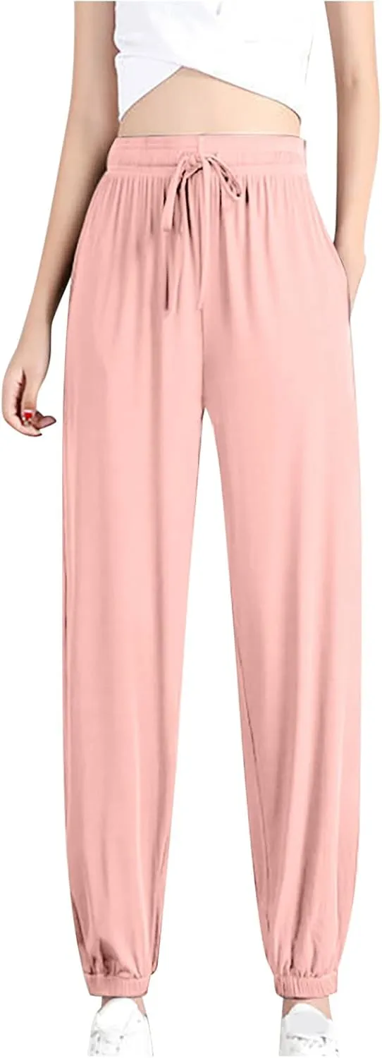 Women Summer Ice Silk Pants Drawstring High Waist Bundle Feet Jogger Soft Lightweight Hiking Sweatpants with Pockets