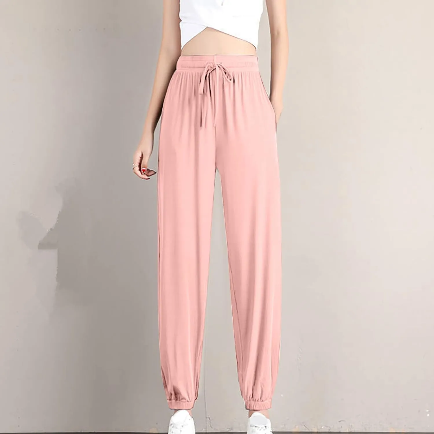 Women Summer Ice Silk Pants Drawstring High Waist Bundle Feet Jogger Soft Lightweight Hiking Sweatpants with Pockets
