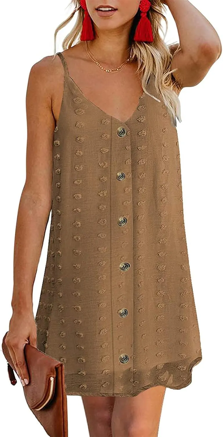 Women Summer Spaghetti Strap Button Down Dress Loose Vintage Printed Shift Dress V Neck Sleeveless Casual Mini Dress
