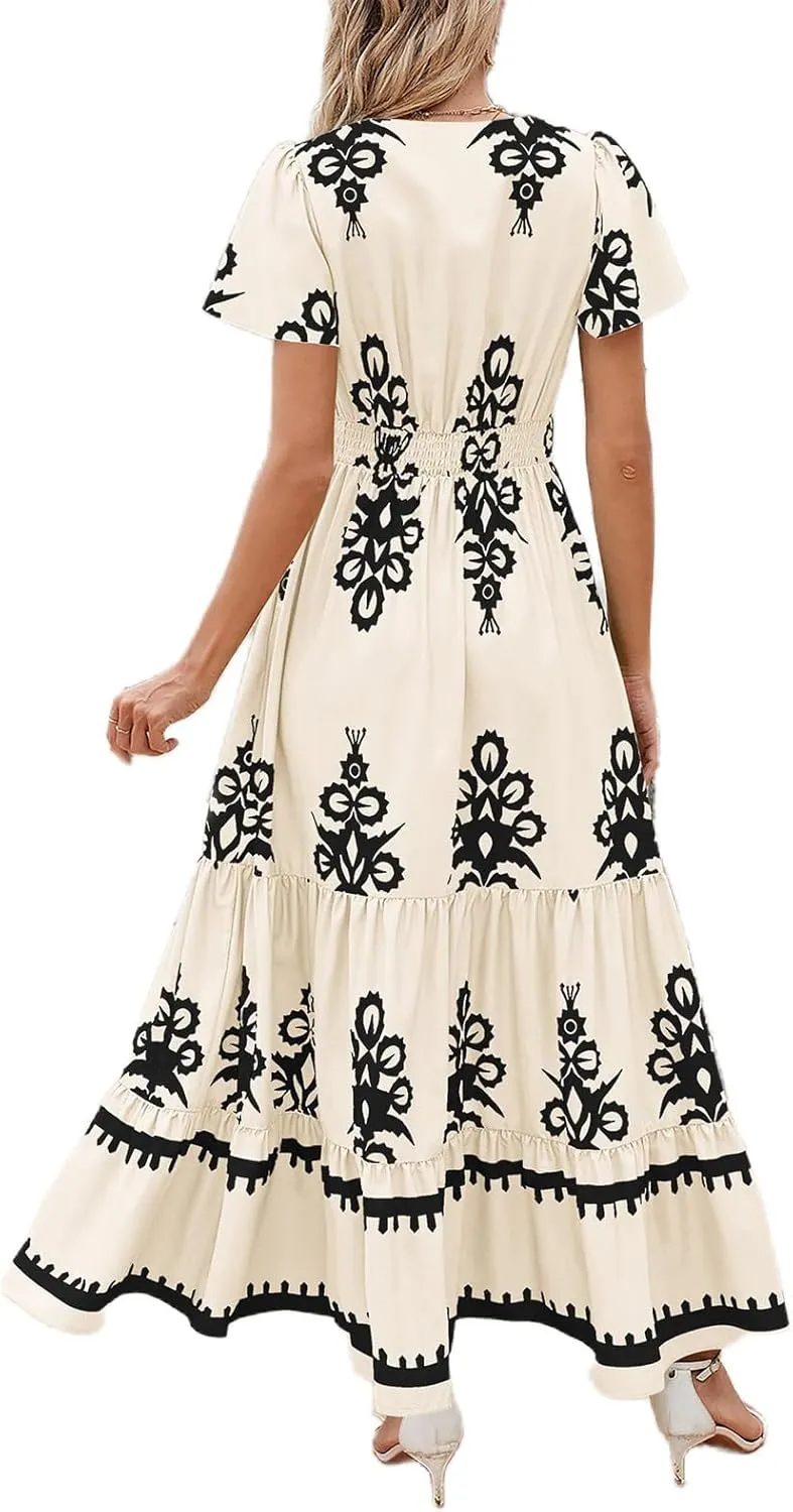 Womens 2025 Summer Fashion Boho Maxi Dress Flowy Short Sleeve Floral Dresses Holiday Dress Outfits