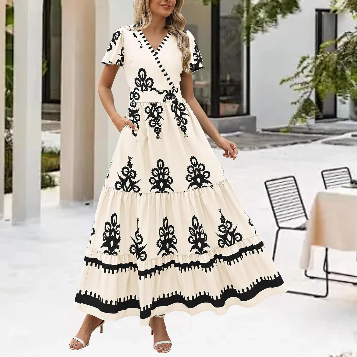 Womens 2025 Summer Fashion Boho Maxi Dress Flowy Short Sleeve Floral Dresses Holiday Dress Outfits