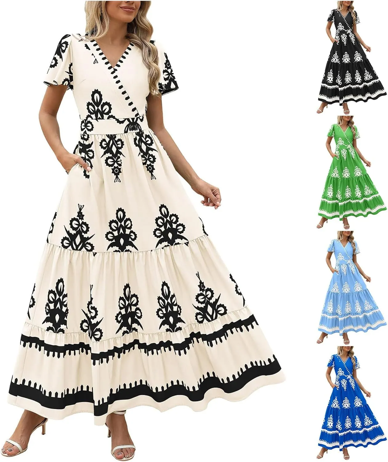 Womens 2025 Summer Fashion Boho Maxi Dress Flowy Short Sleeve Floral Dresses Holiday Dress Outfits