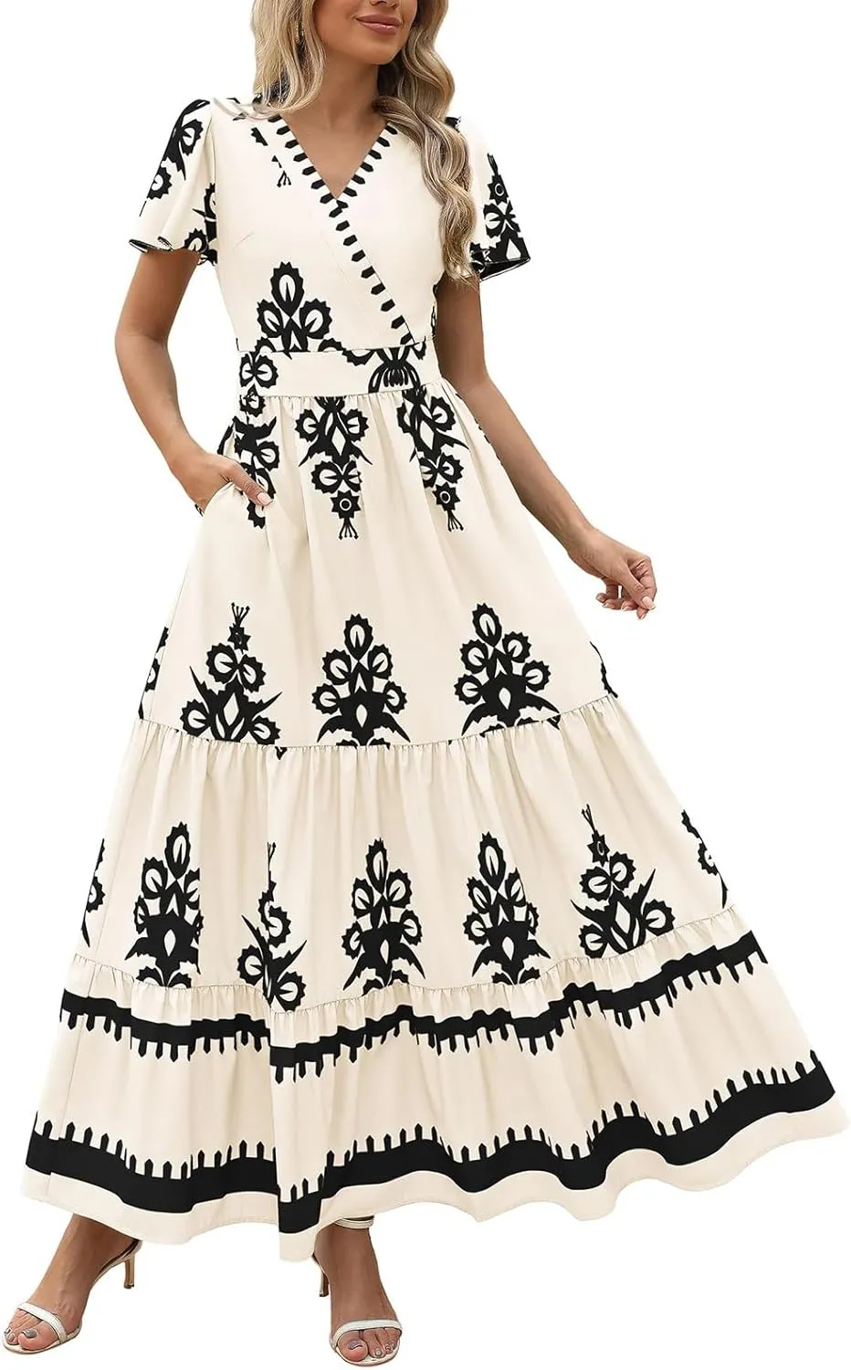 Womens 2025 Summer Fashion Boho Maxi Dress Flowy Short Sleeve Floral Dresses Holiday Dress Outfits