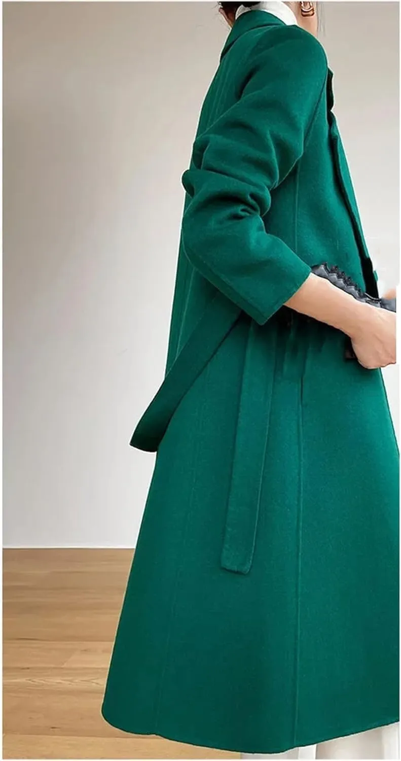 Women's Double-Sided Wool Blend Mid-Length Trench Coat with Belt Slim Fit Stylish Office Wear
