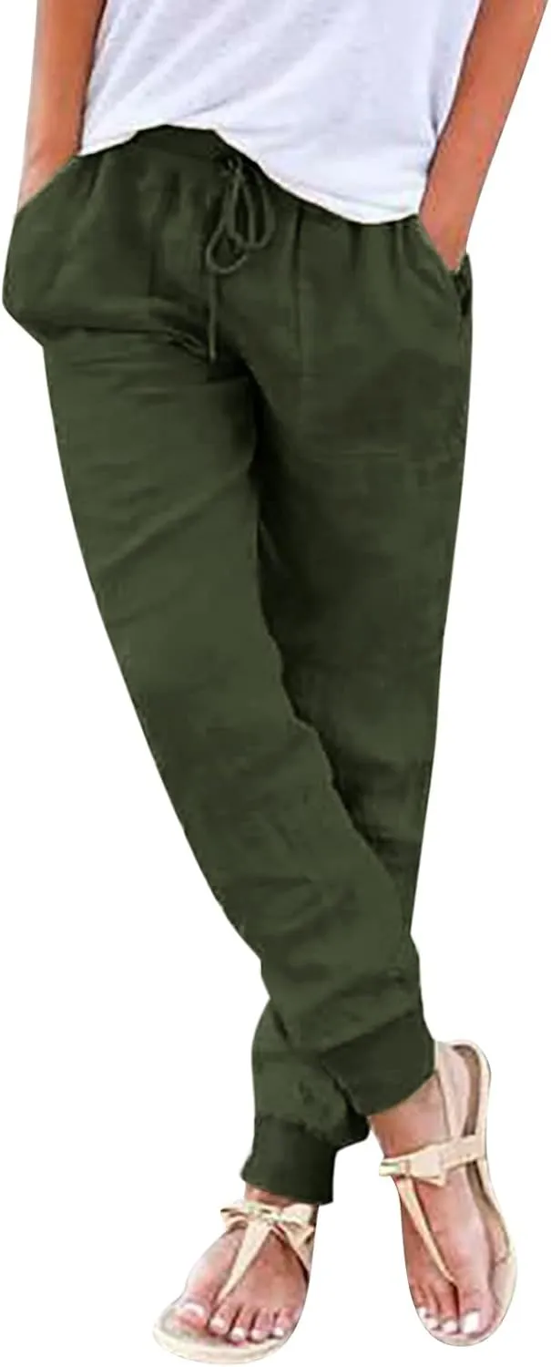 Womens Drawstring Cotton Linen Pants Solid Slim Fit Tapered Pant Soft Elastic Waist Straight Leg Trousers with Pocket