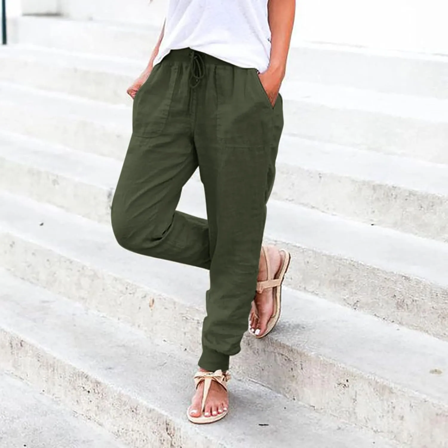 Womens Drawstring Cotton Linen Pants Solid Slim Fit Tapered Pant Soft Elastic Waist Straight Leg Trousers with Pocket