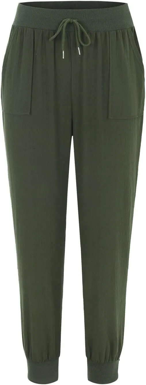 Womens Drawstring Cotton Linen Pants Solid Slim Fit Tapered Pant Soft Elastic Waist Straight Leg Trousers with Pocket