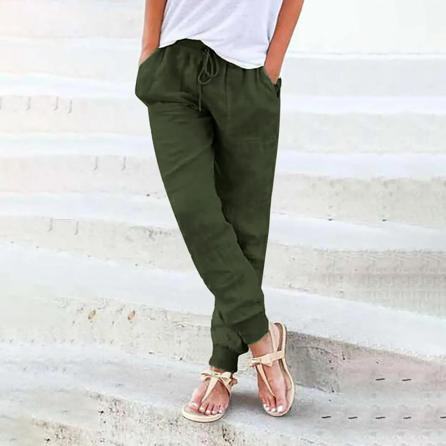 Womens Drawstring Cotton Linen Pants Solid Slim Fit Tapered Pant Soft Elastic Waist Straight Leg Trousers with Pocket