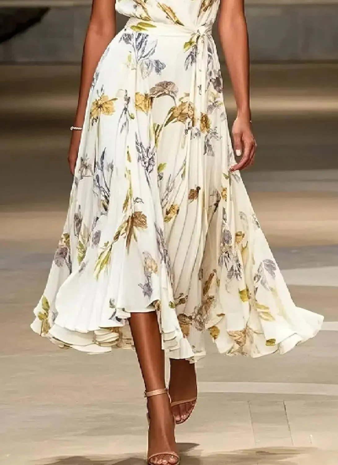 Women's Elegant Floral Print Wrap Midi Dress 2025 Spring Stylish Flowy Short Cap Sleeve Party Dress with Belt