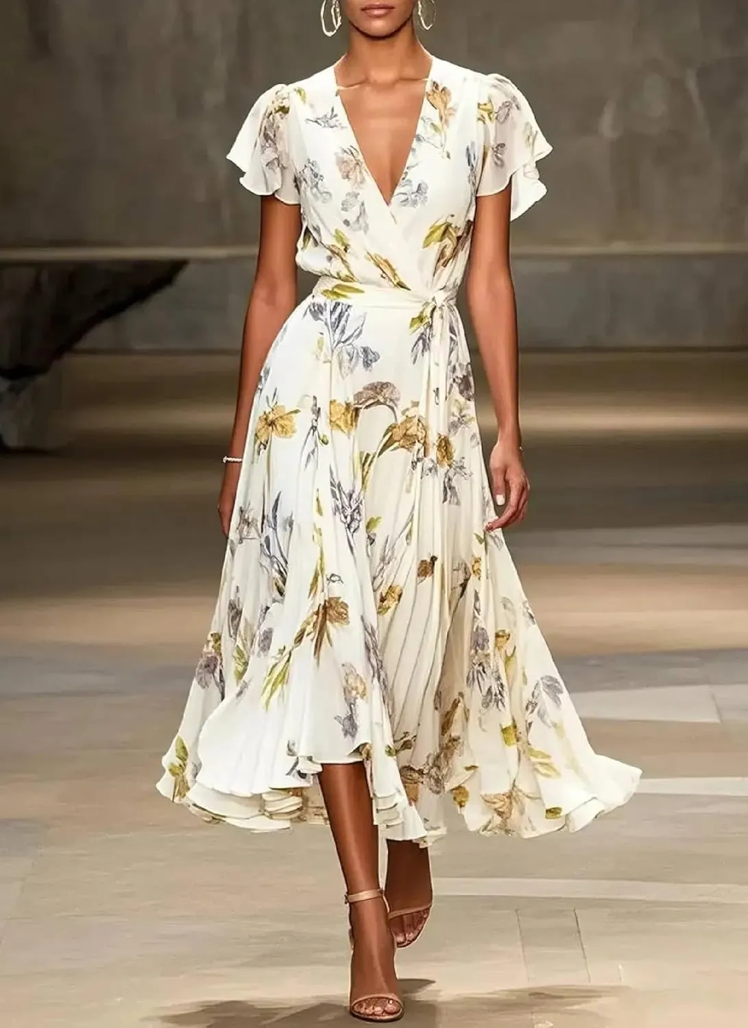 Women's Elegant Floral Print Wrap Midi Dress 2025 Spring Stylish Flowy Short Cap Sleeve Party Dress with Belt