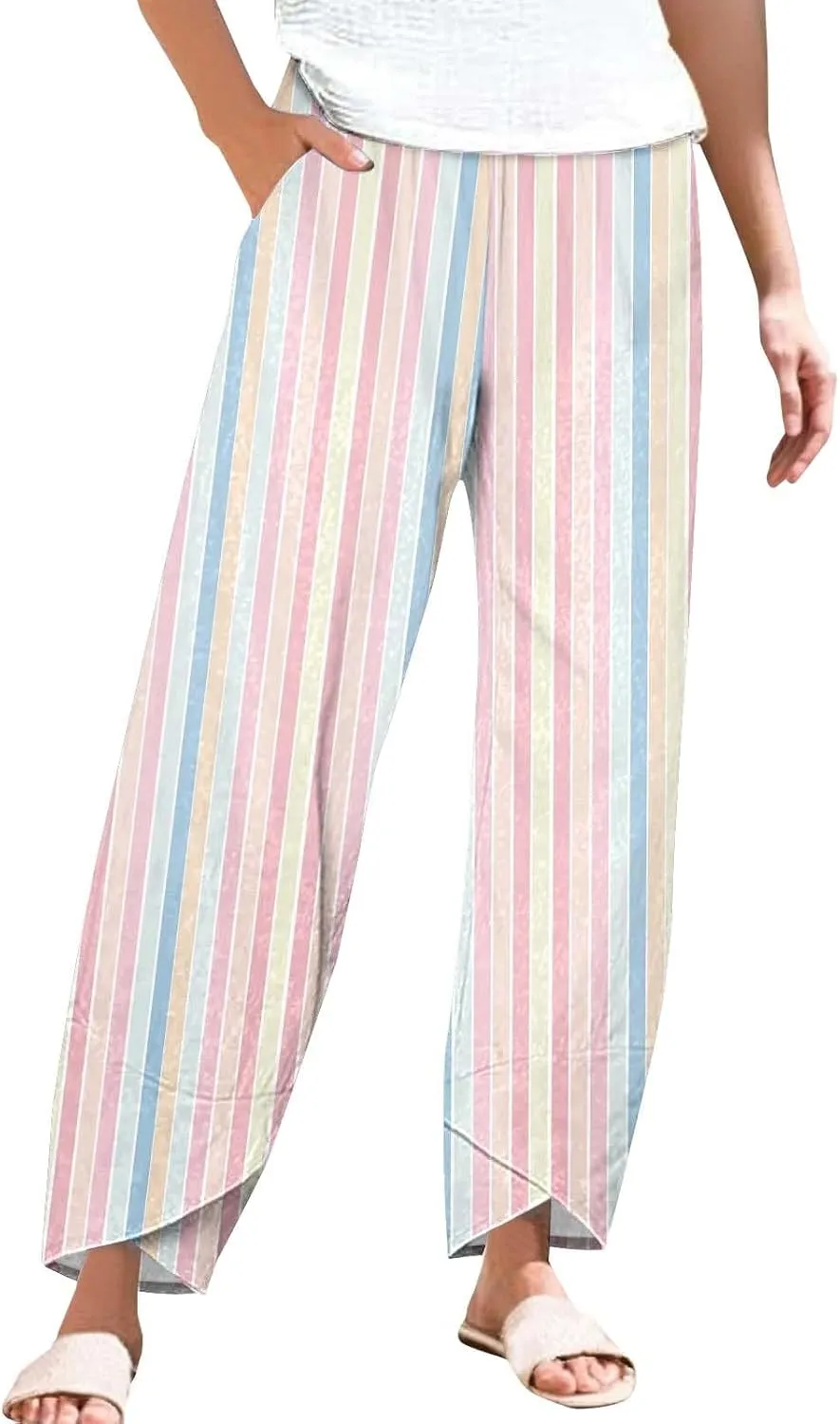 Women's Linen Capri Pants Plus Size Elastic Waist with Drawstring Comfy Soft Trousers Striped Straight Pants