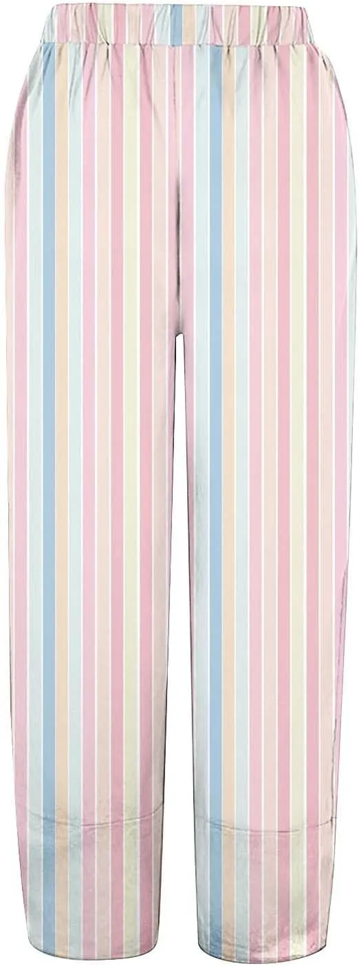 Women's Linen Capri Pants Plus Size Elastic Waist with Drawstring Comfy Soft Trousers Striped Straight Pants