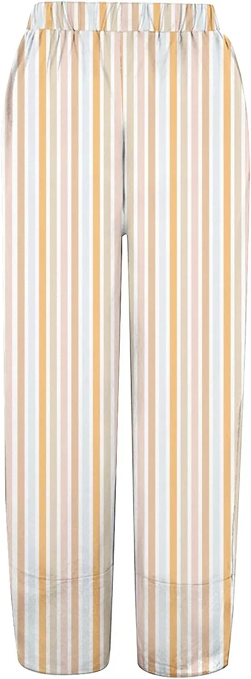 Women's Linen Capri Pants Plus Size Elastic Waist with Drawstring Comfy Soft Trousers Striped Straight Pants