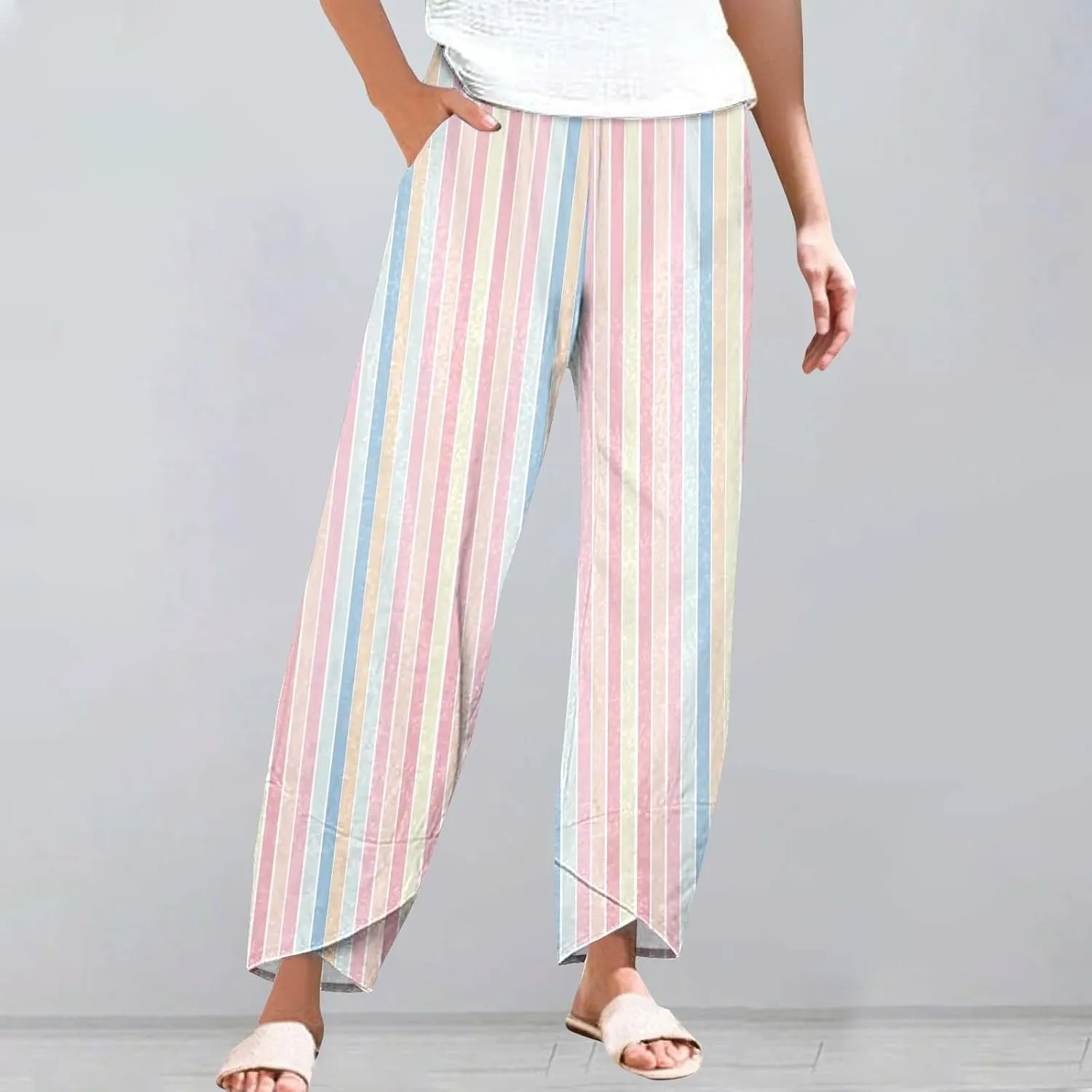 Women's Linen Capri Pants Plus Size Elastic Waist with Drawstring Comfy Soft Trousers Striped Straight Pants