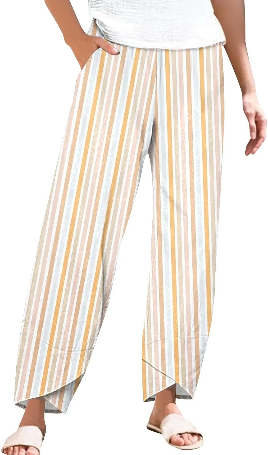 Women's Linen Capri Pants Plus Size Elastic Waist with Drawstring Comfy Soft Trousers Striped Straight Pants