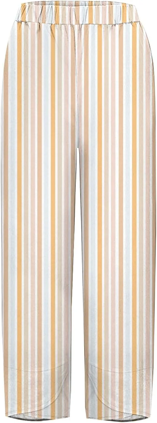 Women's Linen Capri Pants Plus Size Elastic Waist with Drawstring Comfy Soft Trousers Striped Straight Pants