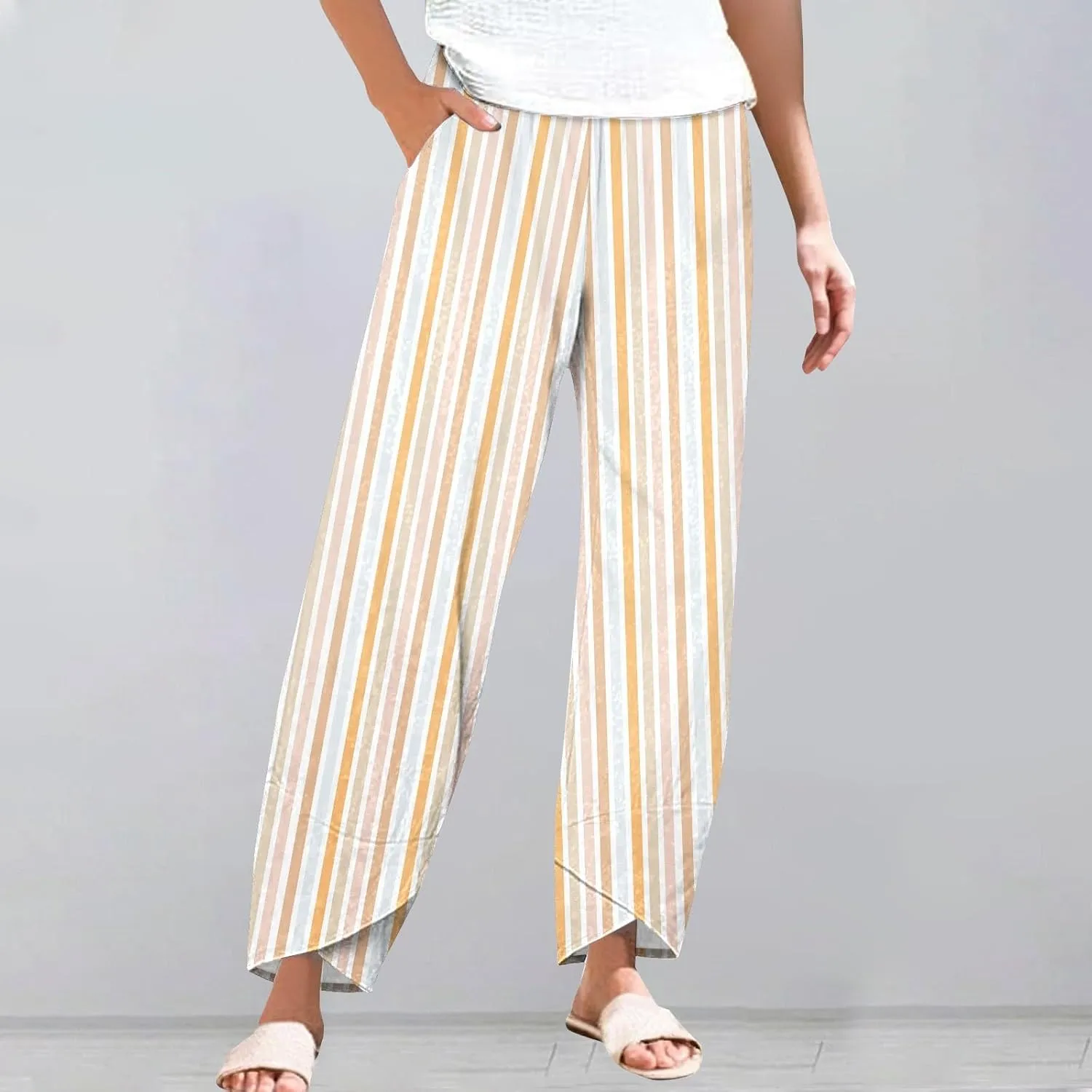Women's Linen Capri Pants Plus Size Elastic Waist with Drawstring Comfy Soft Trousers Striped Straight Pants