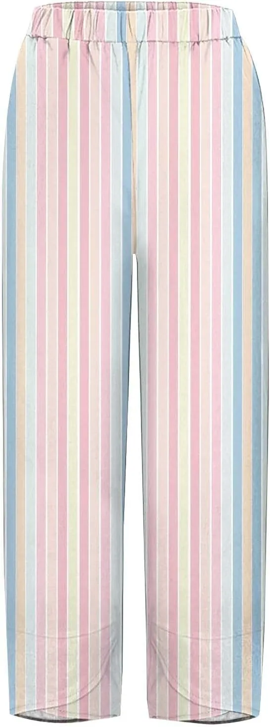 Women's Linen Capri Pants Plus Size Elastic Waist with Drawstring Comfy Soft Trousers Striped Straight Pants