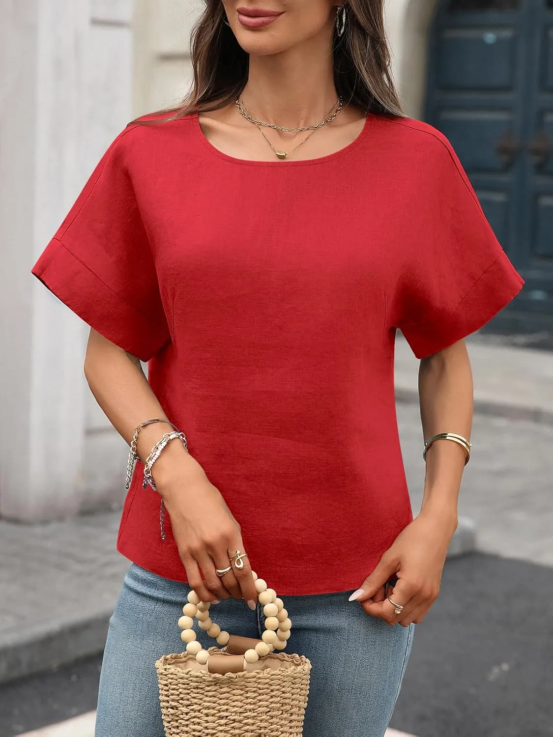 Women's Linen Shirt 100% Linen Oversize Blouse Short Sleeve Crew Neck Loose Fit Tshirt