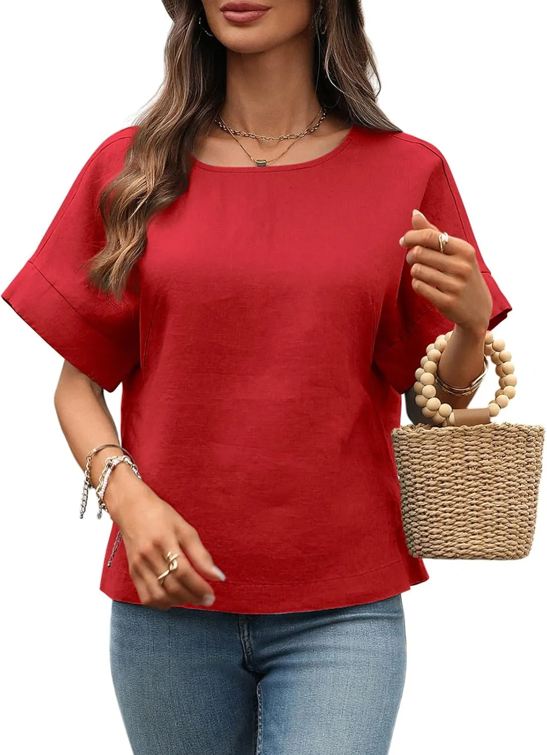 Women's Linen Shirt 100% Linen Oversize Blouse Short Sleeve Crew Neck Loose Fit Tshirt