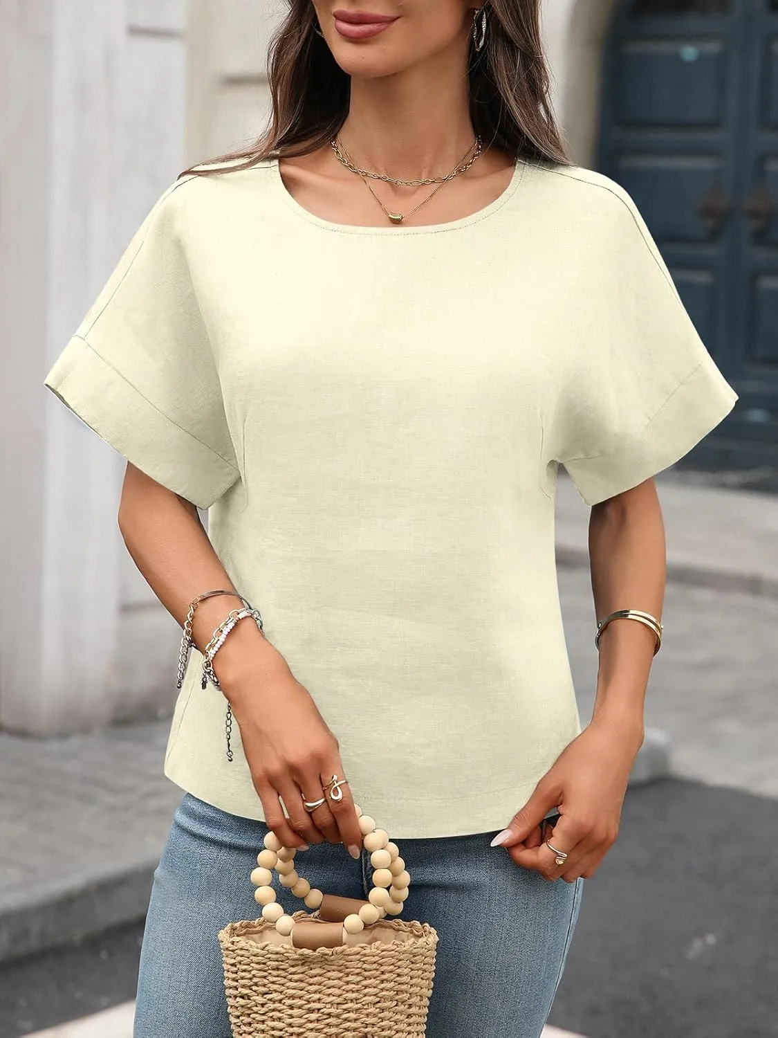 Women's Linen Shirt 100% Linen Oversize Blouse Short Sleeve Crew Neck Loose Fit Tshirt