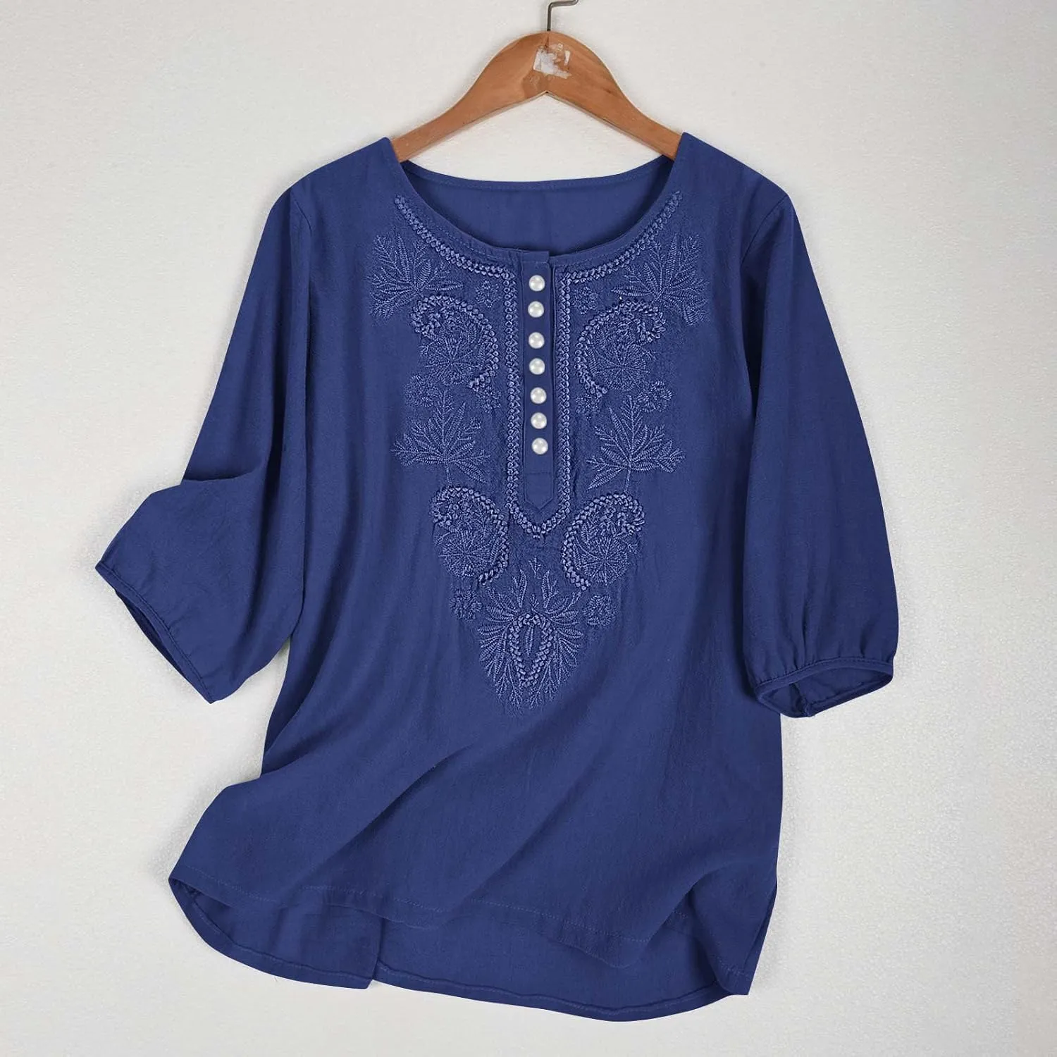 Women's Linen Tops 3/4 Sleeve T Shirts Summer Mexican Floral Embroidery Tunic Tops Casual Crewneck Blouse Oversized