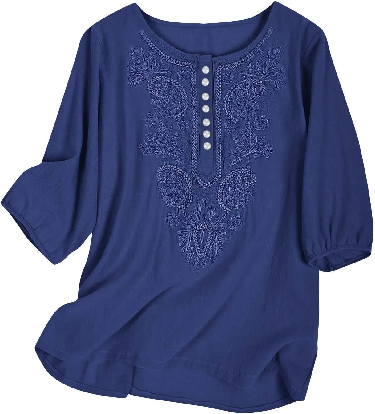 Women's Linen Tops 3/4 Sleeve T Shirts Summer Mexican Floral Embroidery Tunic Tops Casual Crewneck Blouse Oversized