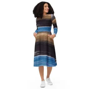 Womens Long Sleeve Midi Dress - Rustic Purple Brown Design