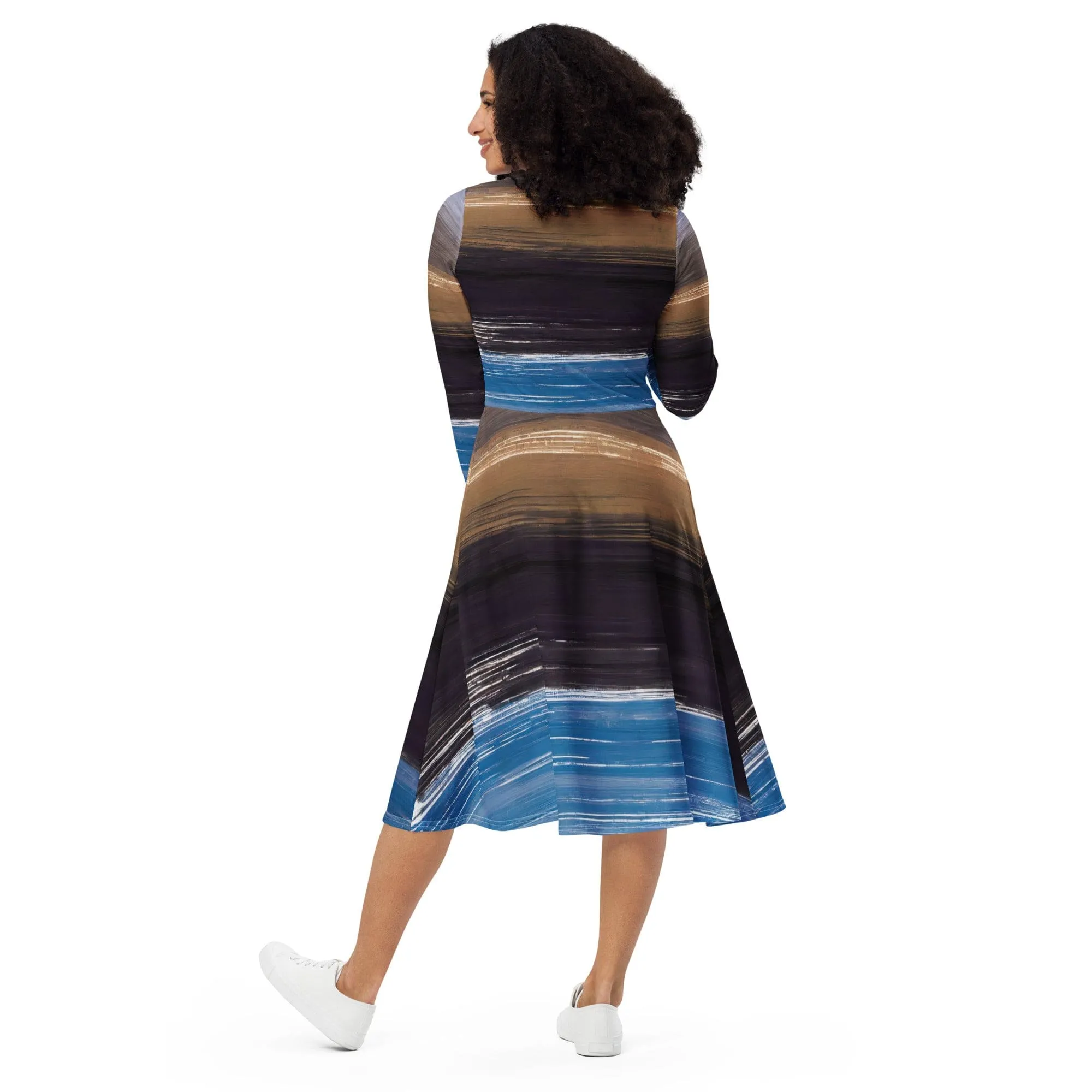 Womens Long Sleeve Midi Dress - Rustic Purple Brown Design