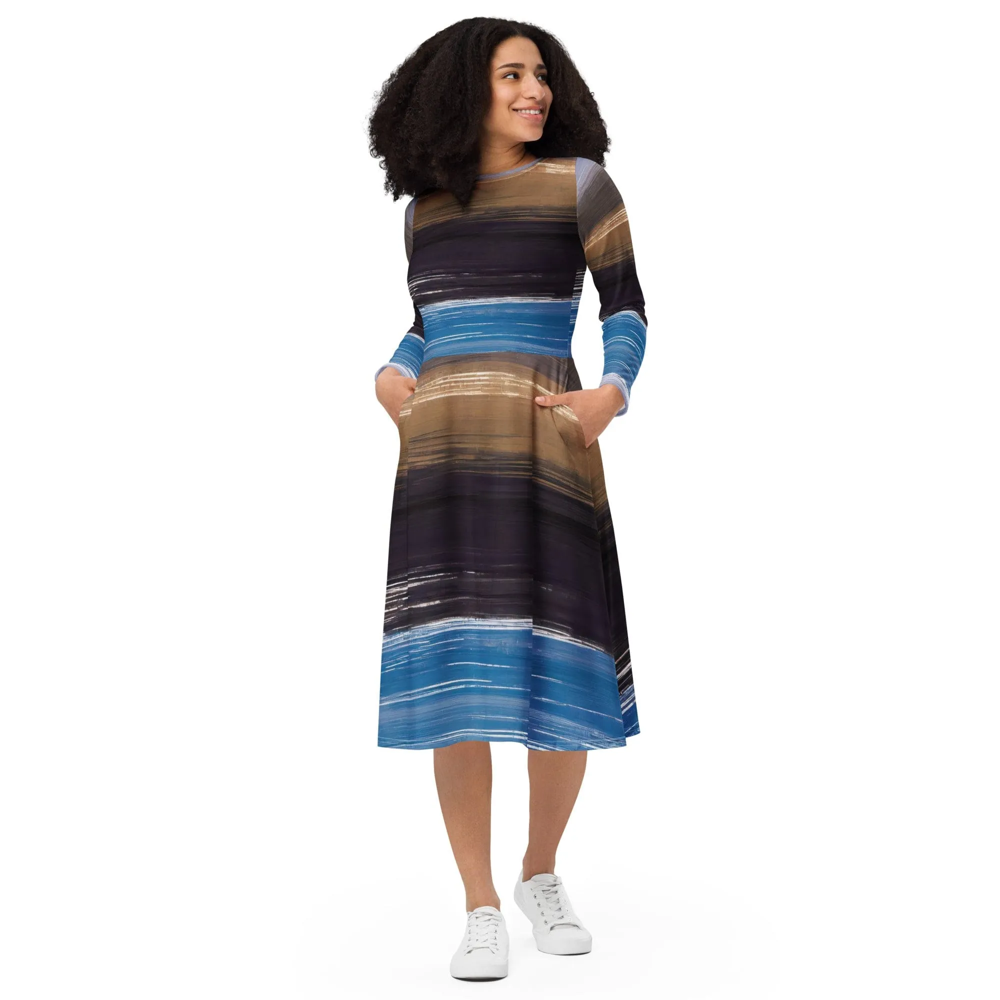 Womens Long Sleeve Midi Dress - Rustic Purple Brown Design