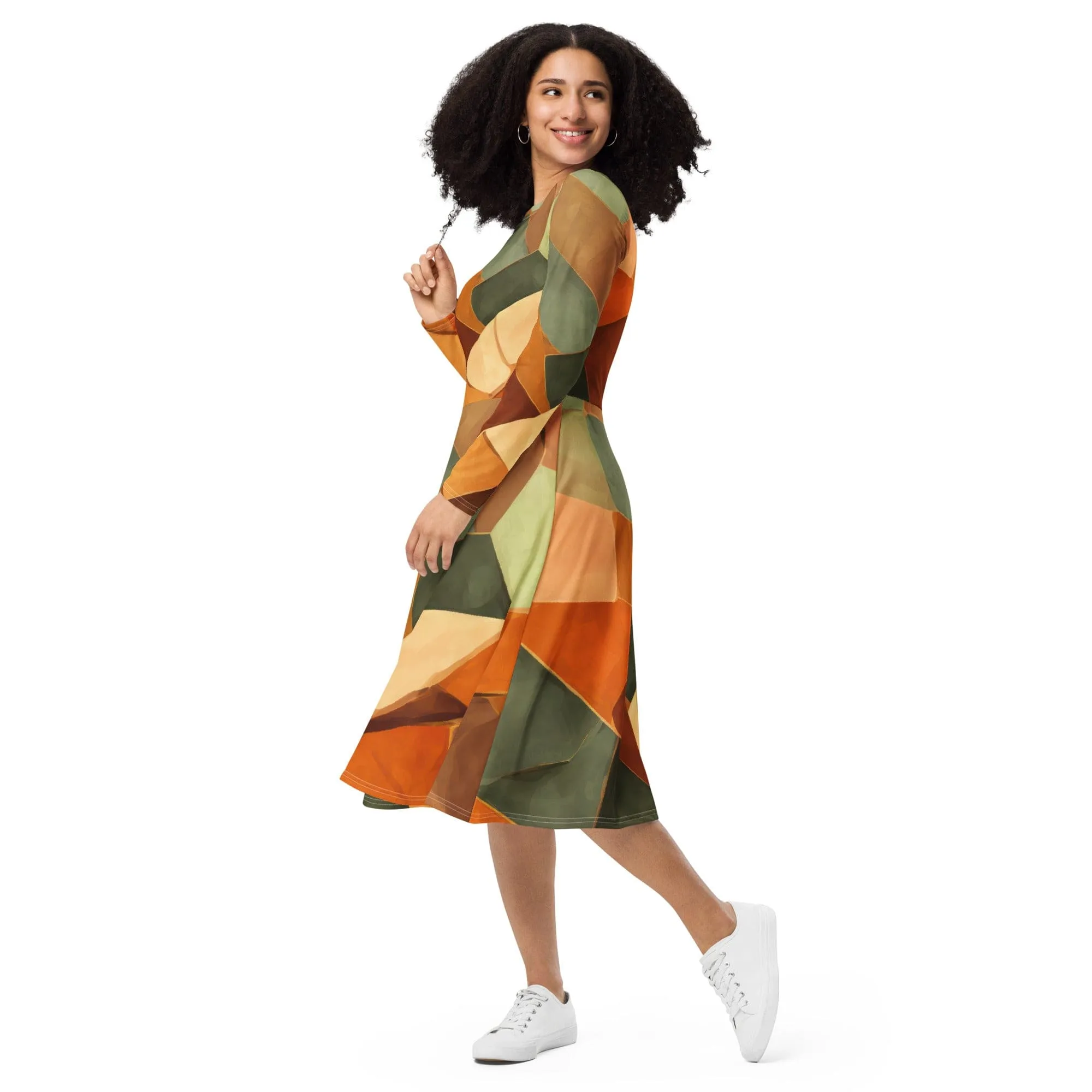Womens Long Sleeve Midi Dress - Rustic Red Abstract Pattern
