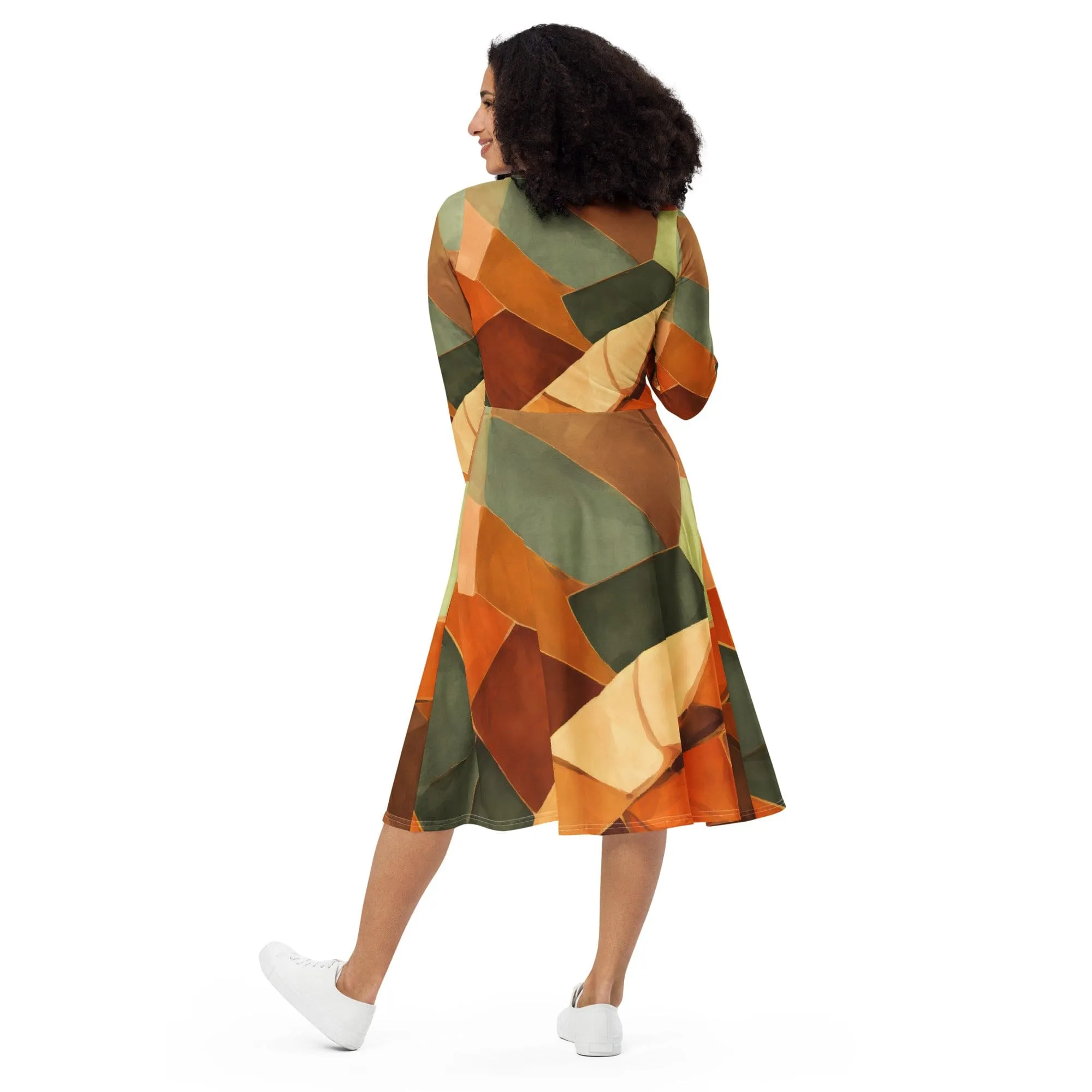 Womens Long Sleeve Midi Dress - Rustic Red Abstract Pattern