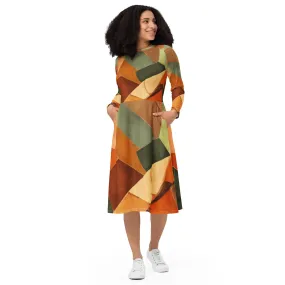 Womens Long Sleeve Midi Dress - Rustic Red Abstract Pattern