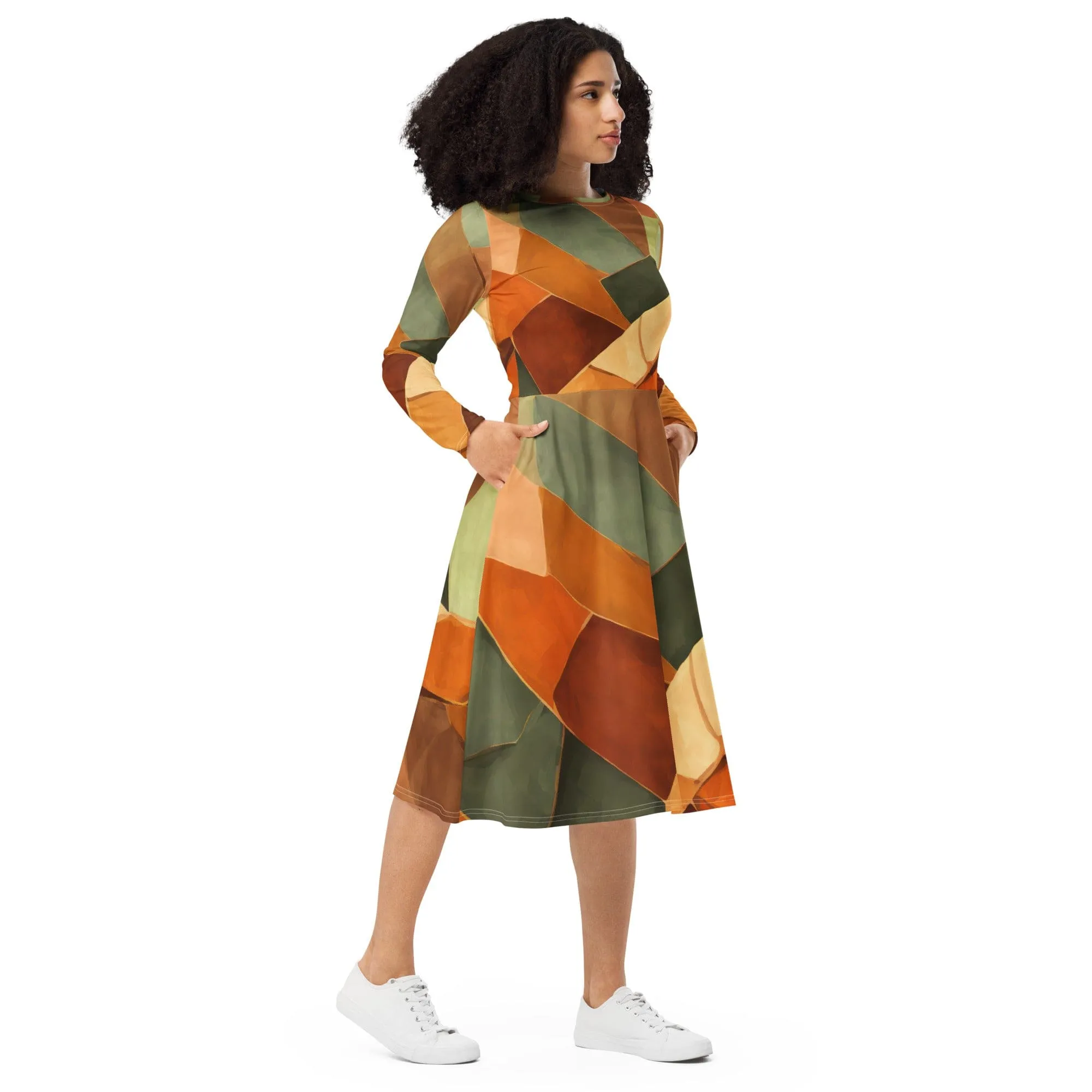 Womens Long Sleeve Midi Dress - Rustic Red Abstract Pattern