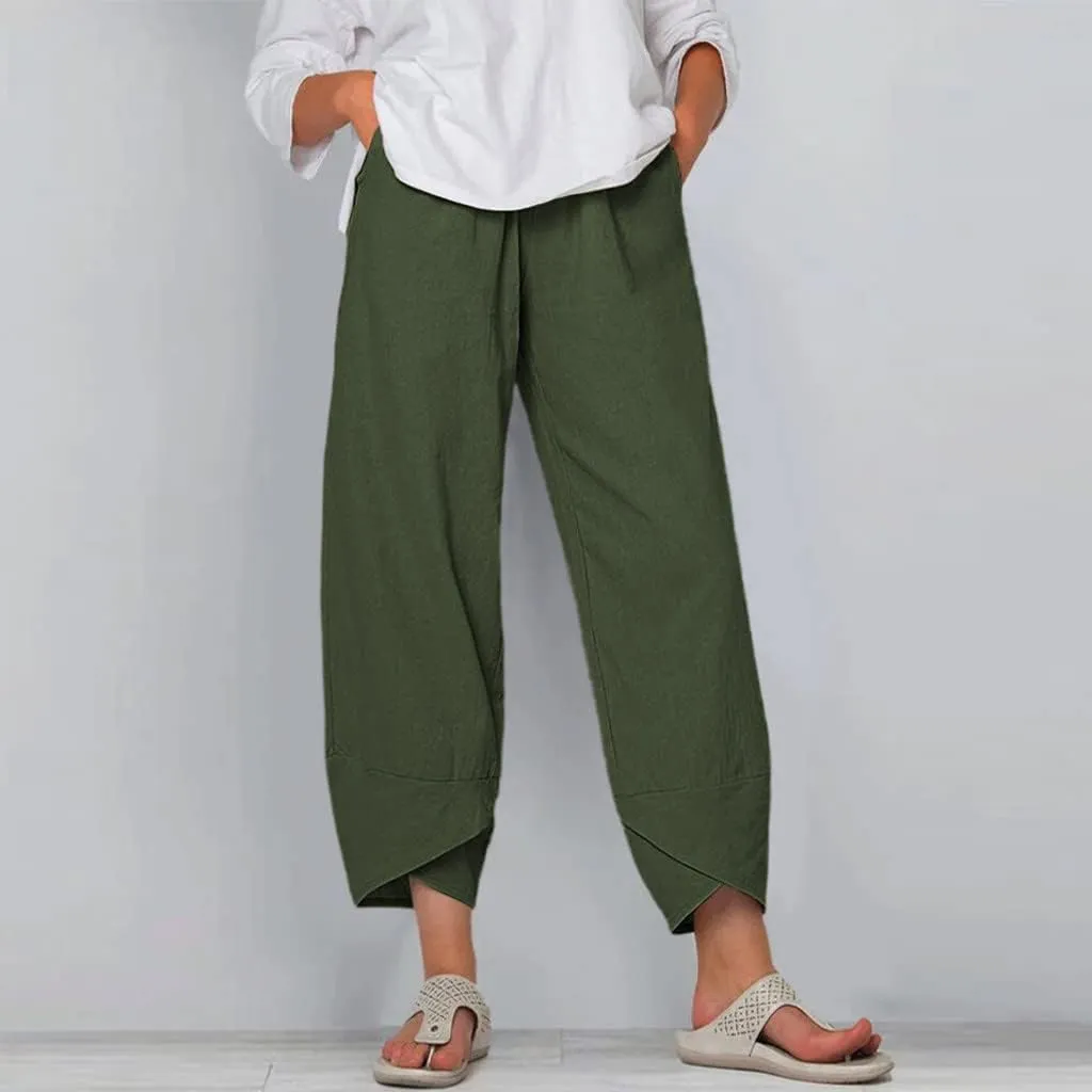 Womens Pants Elastic Waist Straight Leg Trouser Solid Pockets Casual Loose Pants Cotton Linen Soft Comfy Beachwear