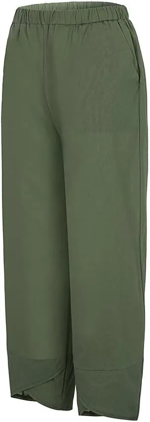 Womens Pants Elastic Waist Straight Leg Trouser Solid Pockets Casual Loose Pants Cotton Linen Soft Comfy Beachwear