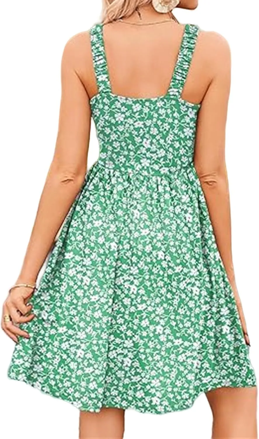 Women's Sleeveless Summer Dress Ruffle Tiered Floral Sundress Boho A-line Mini Dresses High Waist Square Neck Dress