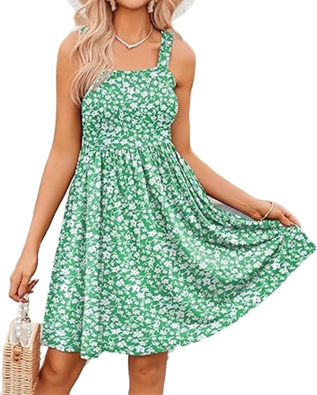 Women's Sleeveless Summer Dress Ruffle Tiered Floral Sundress Boho A-line Mini Dresses High Waist Square Neck Dress