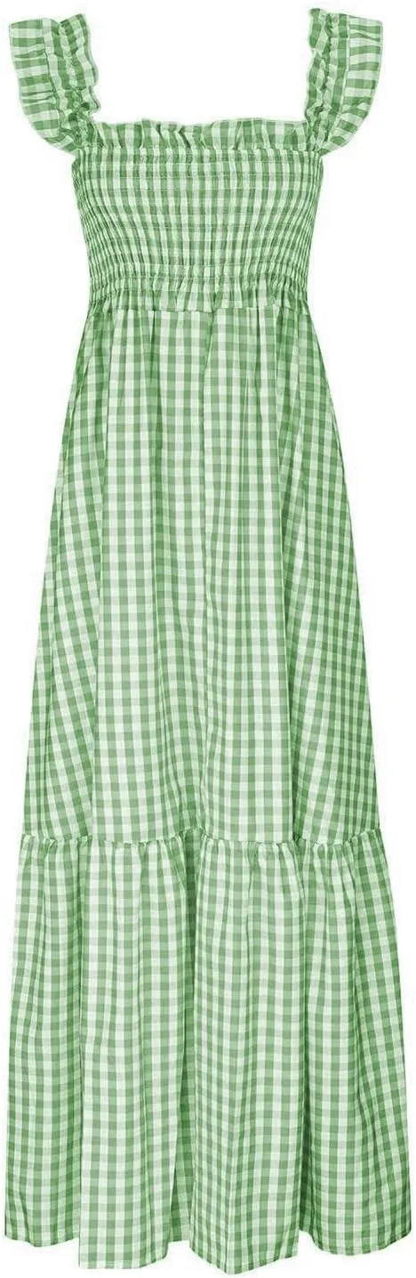 Womens Summer Dresses Casual Retro Plaid Smocked Dress Ruffled Spaghetti Strap Maxi Dress Flowy A Line Beach Dresses