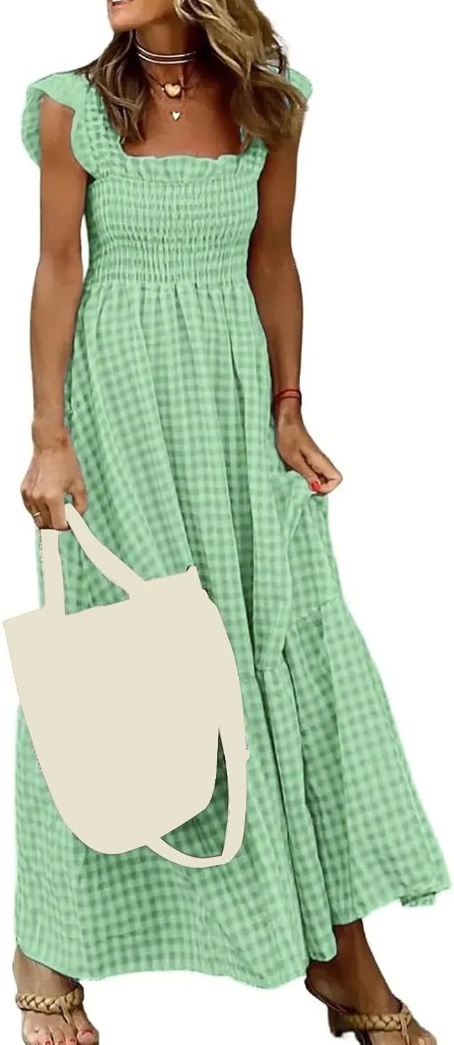 Womens Summer Dresses Casual Retro Plaid Smocked Dress Ruffled Spaghetti Strap Maxi Dress Flowy A Line Beach Dresses