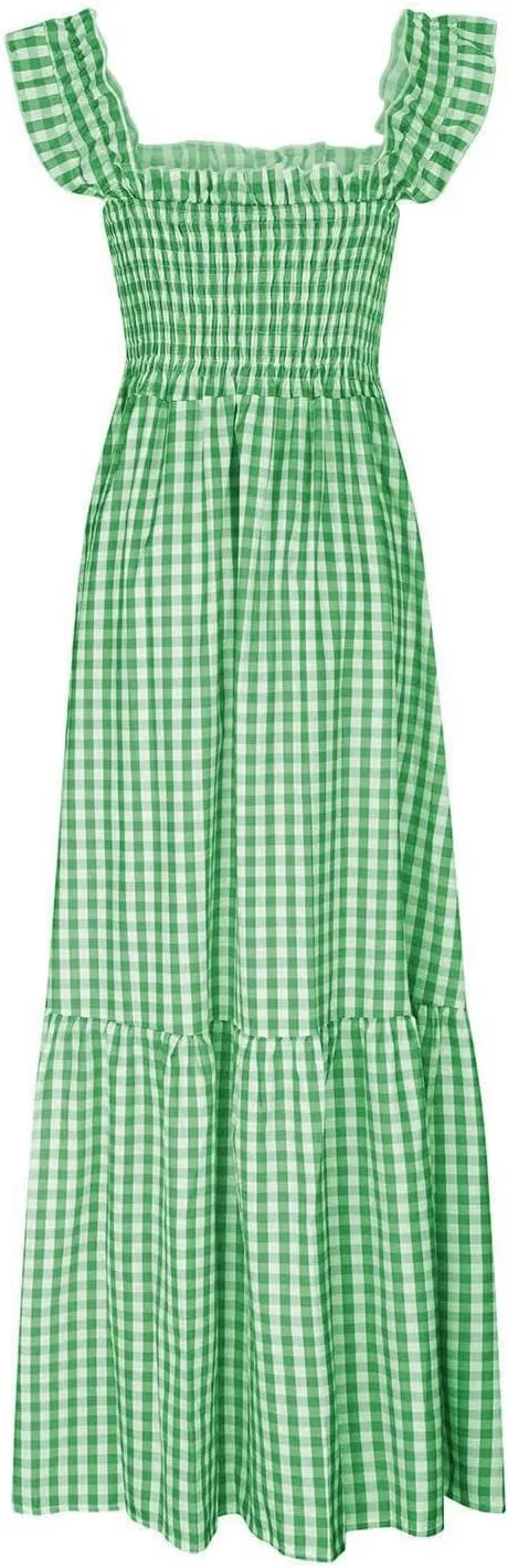 Womens Summer Dresses Casual Retro Plaid Smocked Dress Ruffled Spaghetti Strap Maxi Dress Flowy A Line Beach Dresses