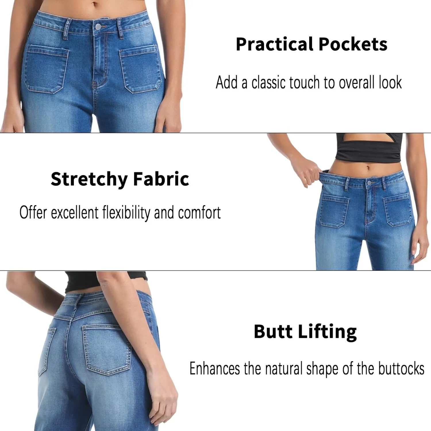 Women??s Wide Leg Petite Jeans High Waisted Stretchy Cropped Flare Jeans with Patch Pockets