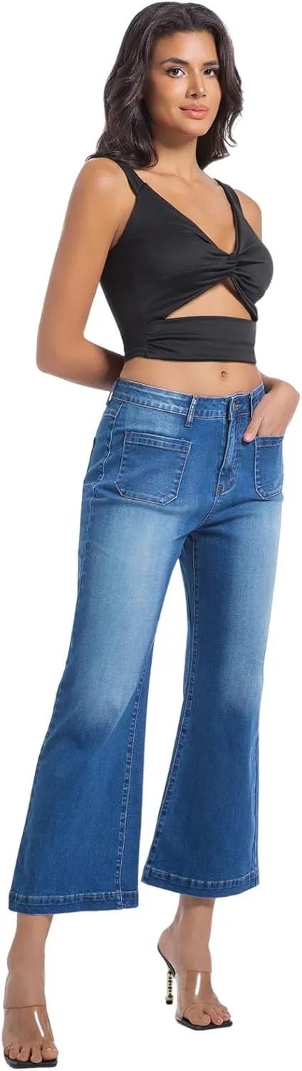 Women??s Wide Leg Petite Jeans High Waisted Stretchy Cropped Flare Jeans with Patch Pockets